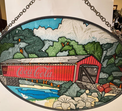 Vintage Coca-Cola Covered Bridge Faux Stained Glass Wall Hanging