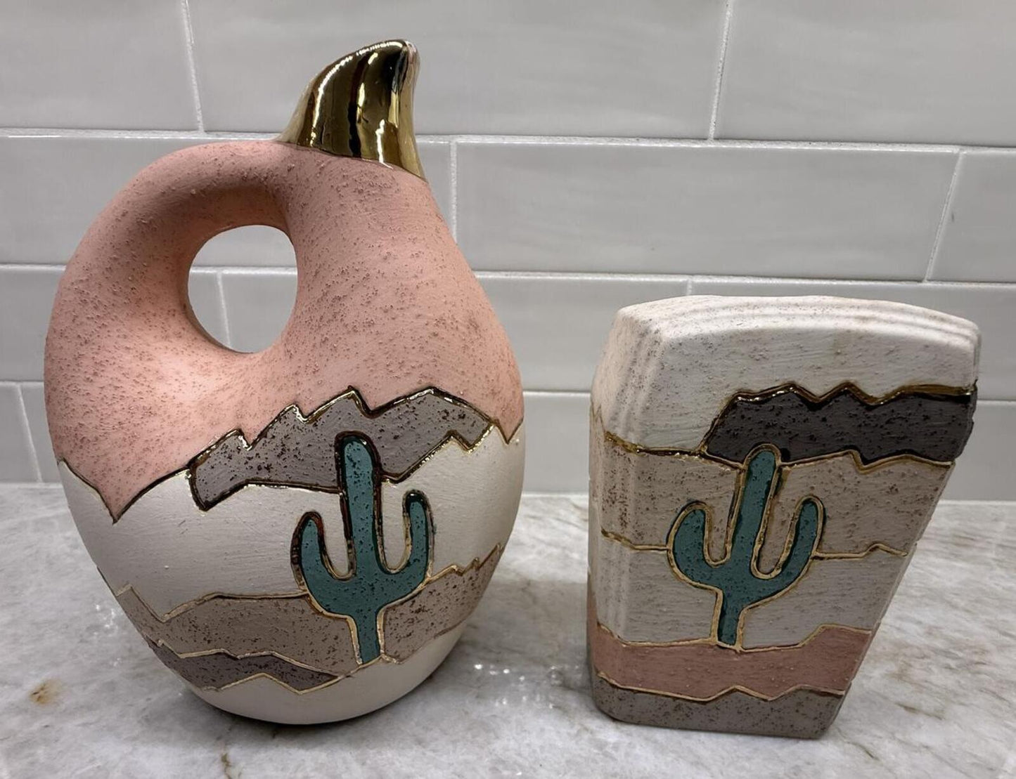 Vintage 1992 Southwest Desert Pottery Set Cactus Longhorn Art 7pcs