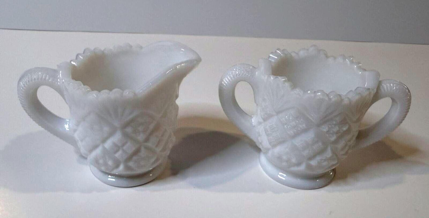 Vintage Mini Milk Glass Creamer Sugar Bowl Set Pedestal Diamond Pattern White