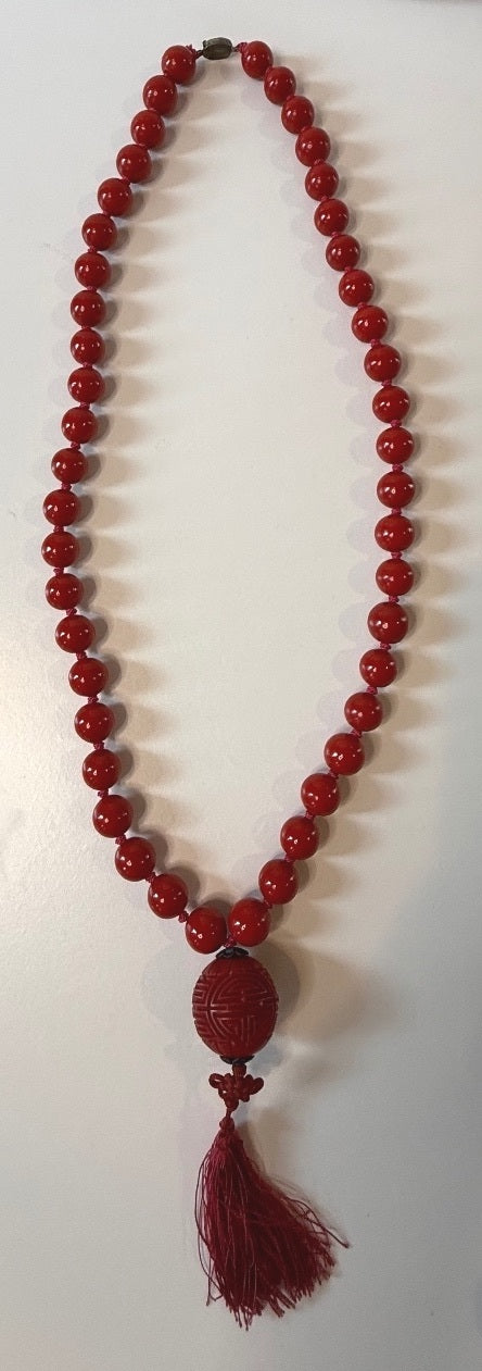 Vintage Chinese Red Bead Cinnabar Shou Necklace SILVER Clasp Tassel 30”