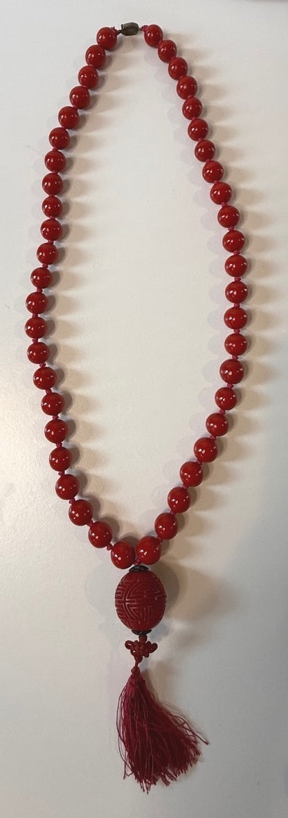 Vintage Chinese Red Bead Cinnabar Shou Necklace SILVER Clasp Tassel 30”