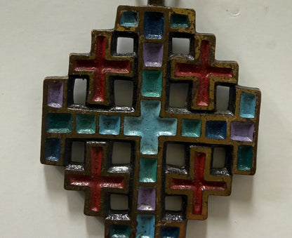 1969 Terra Sancta Guild Jerusalem Israel Enamel Jerusalem Cross Pendant Necklace