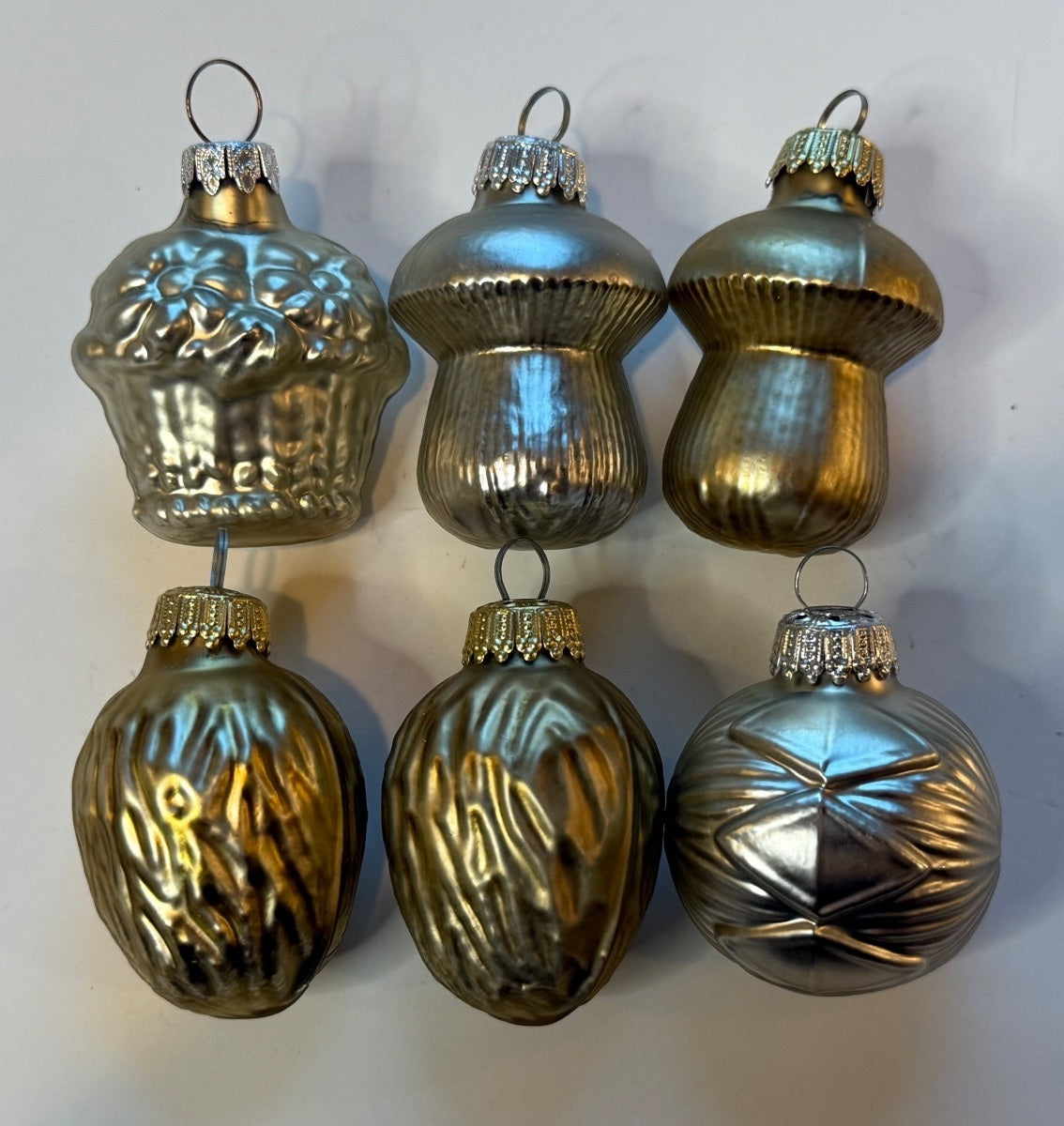 6 Vintage Germany Glass Christmas Ornaments Mushrooms Walnuts Basket