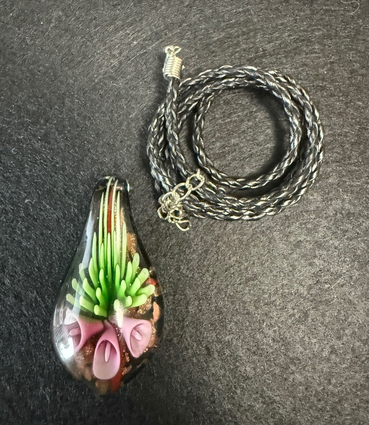 Murano Style Lampwork Glass Floral Pendant Necklace Pink Flowers Aventurine – alternate product view 8 of 8