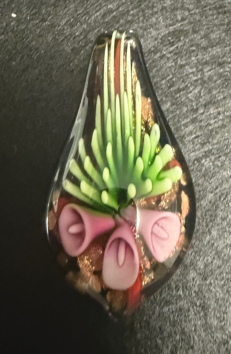 Murano Style Lampwork Glass Floral Pendant Necklace Pink Flowers Aventurine
