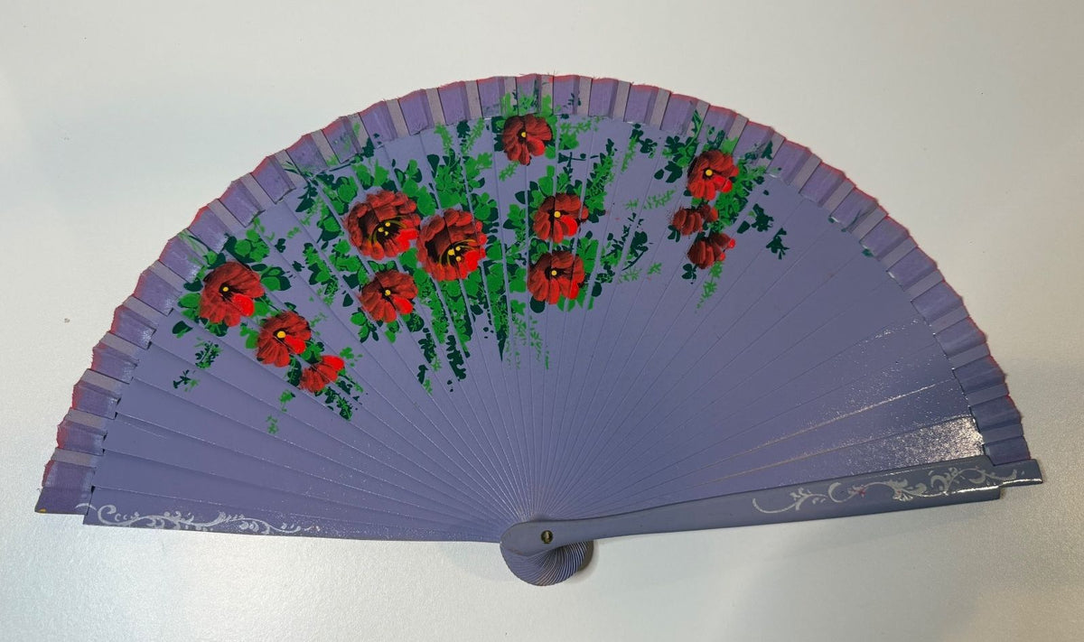 Vintage Purple Hand Painted Floral Folding Hand Fan Wood Abanico 17”