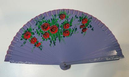 Vintage Purple Hand Painted Floral Folding Hand Fan Wood Abanico 17”