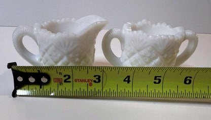 Vintage Mini Milk Glass Creamer Sugar Bowl Set Pedestal Diamond Pattern White