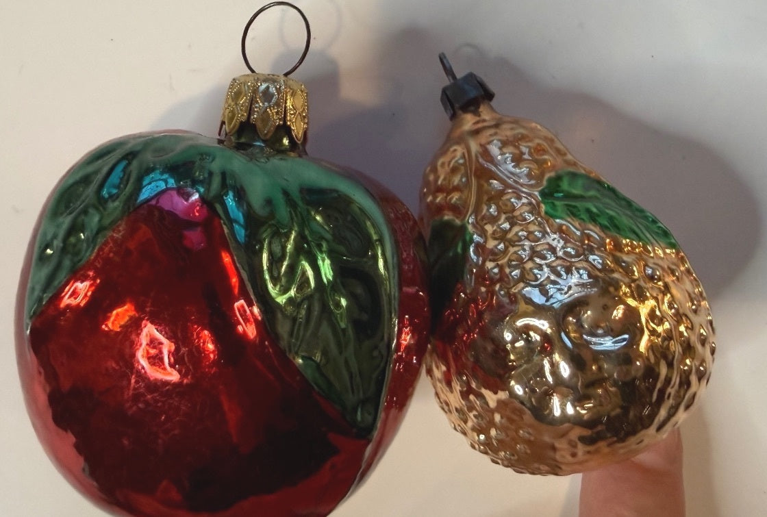 2 Vintage West Germany Glass Fruit Christmas Ornaments Apple Pear