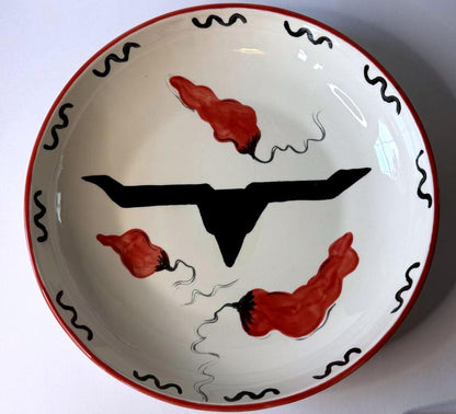 Signed Hand Painted Texas Longhorn Bowl Southwestern Western Decor 12”