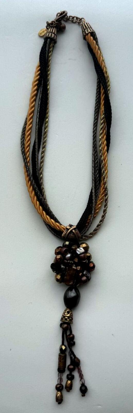 Chico's Multistrand Necklace Brown Black Gold Beaded Tassel Statement