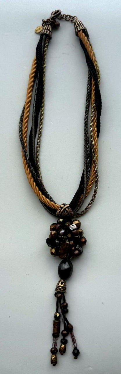 Chico's Multistrand Necklace Brown Black Gold Beaded Tassel Statement