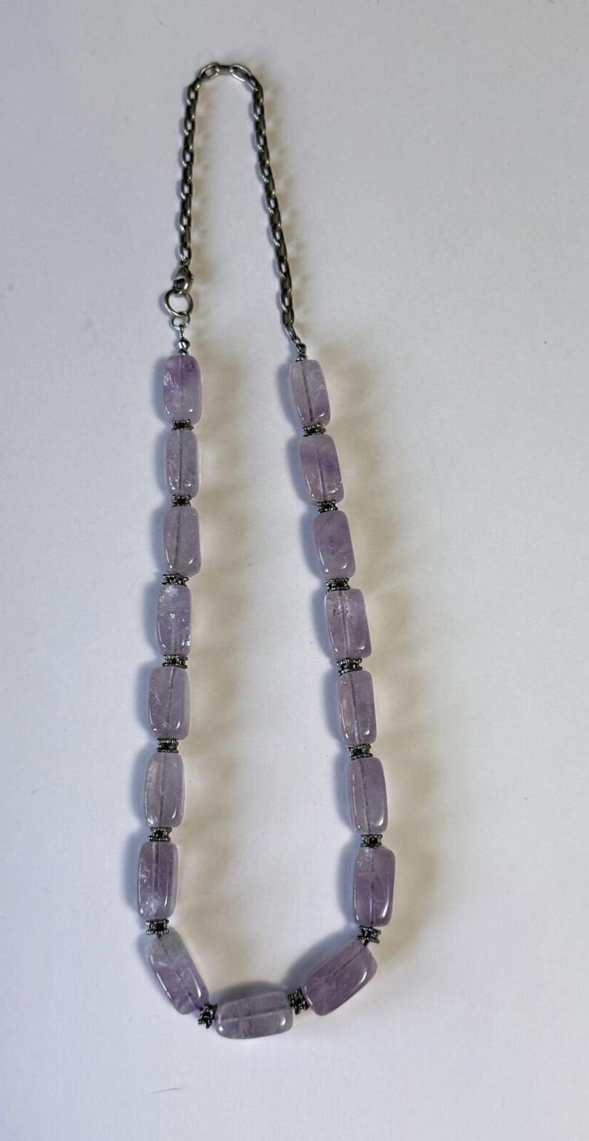 Vintage Lavender Amethyst Gemstone Bead Necklace Purple Stone Barrel Beads