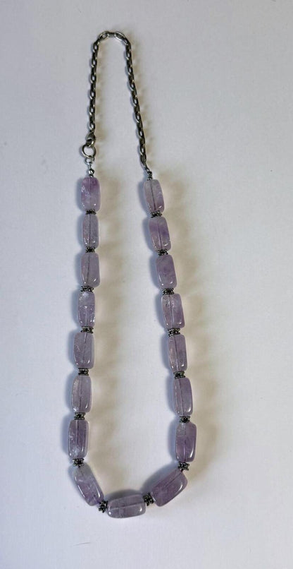 Vintage Lavender Amethyst Gemstone Bead Necklace Purple Stone Barrel Beads
