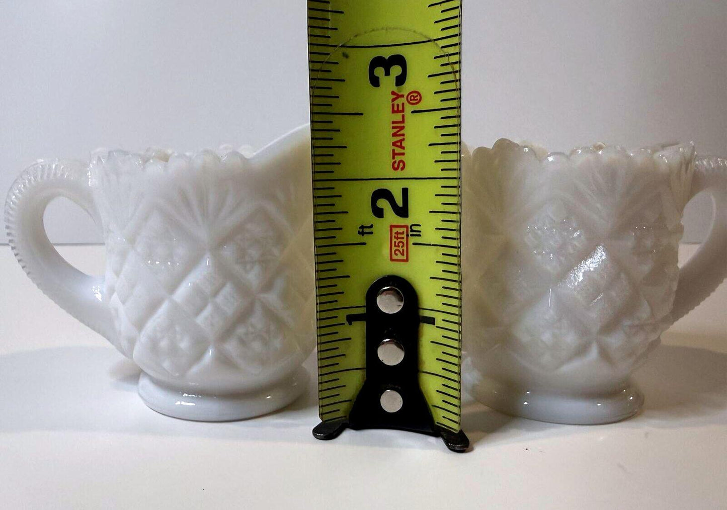 Vintage Mini Milk Glass Creamer Sugar Bowl Set Pedestal Diamond Pattern White