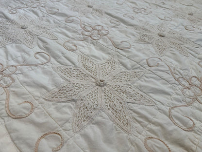 Vintage Handmade Crochet Applique Quilt Coverlet Ivory 79x72 Scalloped Edge