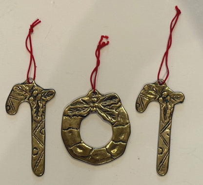 Vintage Taiwan ROC Metal Christmas Ornaments Wreath Candy Canes Set of 3