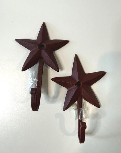 Pair Cast Iron Red Star Wall Hooks Rustic Western Farmhouse Decor