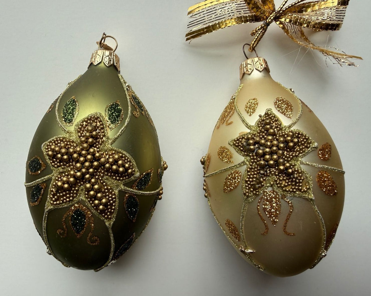 Vintage Dept 56 Poland Glass Egg Ornaments Pair Jeweled Gold Beaded Poinsettia