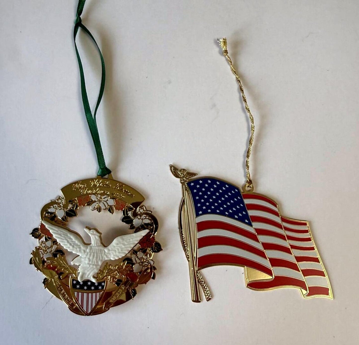 Vintage Patriotic Christmas Ornament Lot – White House & American Flag Baldwin