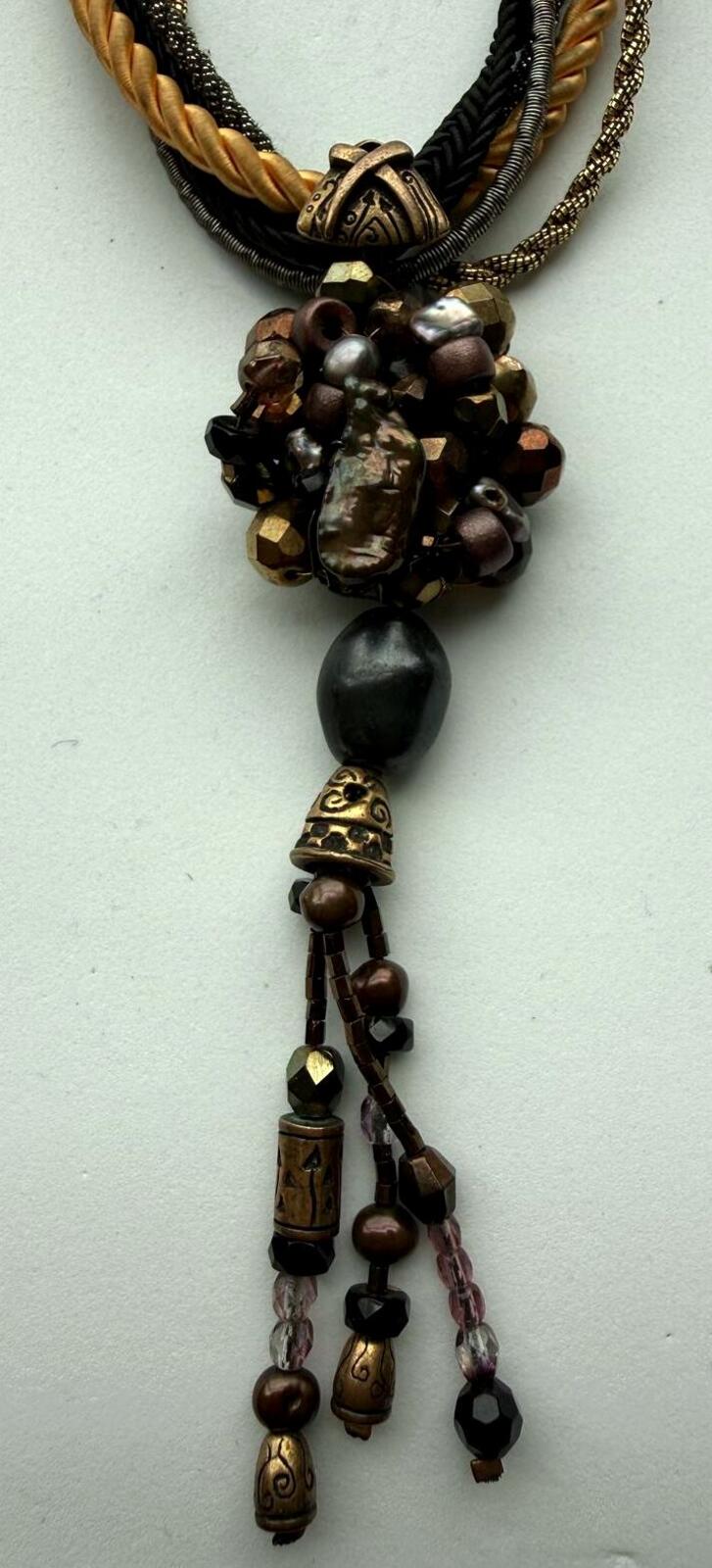 Chico's Multistrand Necklace Brown Black Gold Beaded Tassel Statement