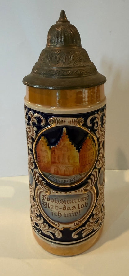 Vintage GERZ W Germany Beer Stein Pewter Lid German Cities Relief 10”