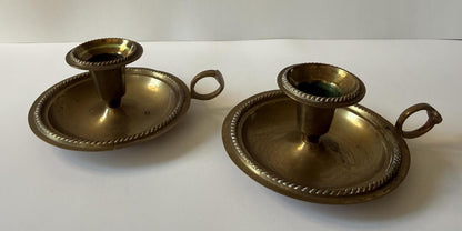 Vintage Brass Chamberstick Candle Holders Set of 2 Made in India Finger Loop