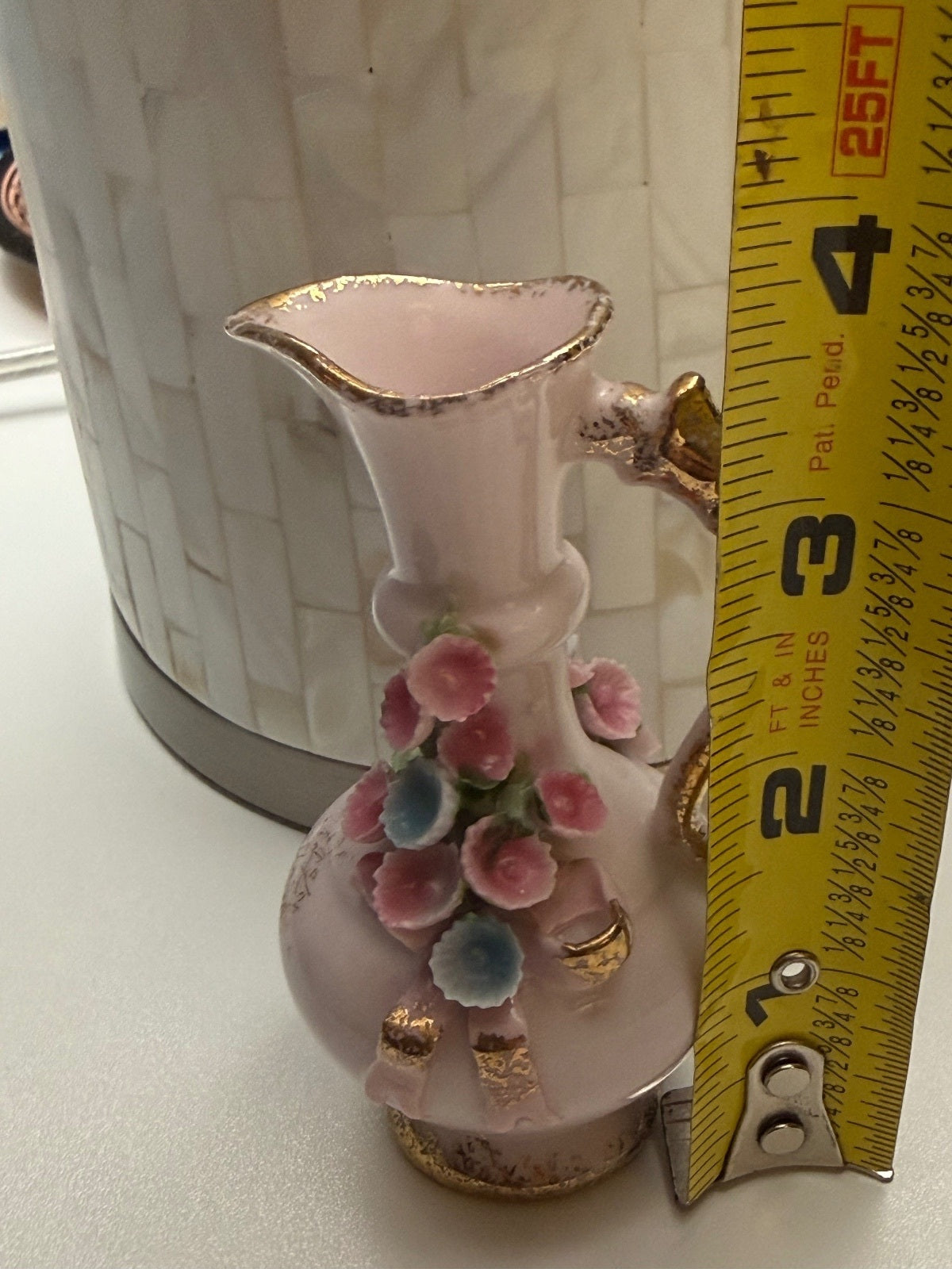 Vintage Lefton China Pink Floral Pitcher Vase Hand Painted Japan 4” – alternate product view 6 of 7