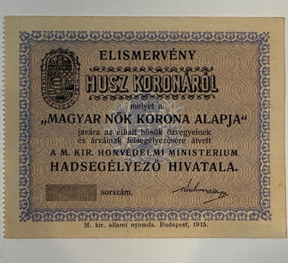1915 Hungary WWI 20 Korona Hungarian Women’s Fund War Relief Receipt Budapest