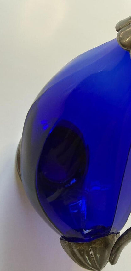 Vintage Italian Cobalt Blue Glass Duck Decanter Silver Plated 9.5”