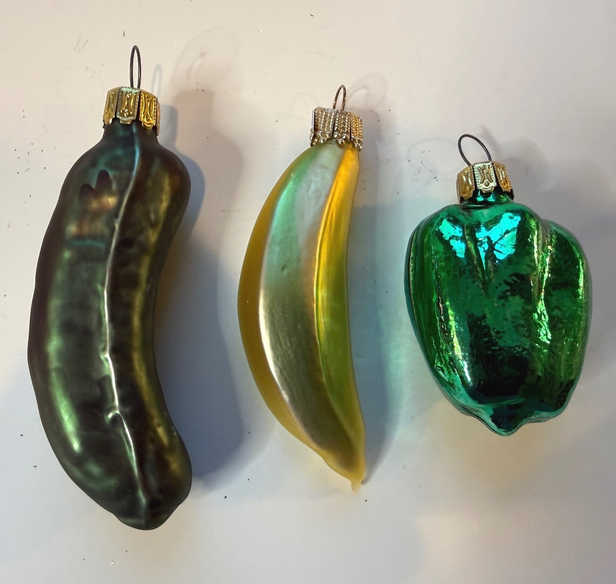 3 Vintage Germany Glass Vegetable Christmas Ornaments Banana Pickle Pepper