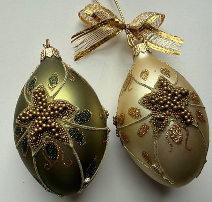 Vintage Dept 56 Poland Glass Egg Ornaments Pair Jeweled Gold Beaded Poinsettia – alternate product view 2 of 6