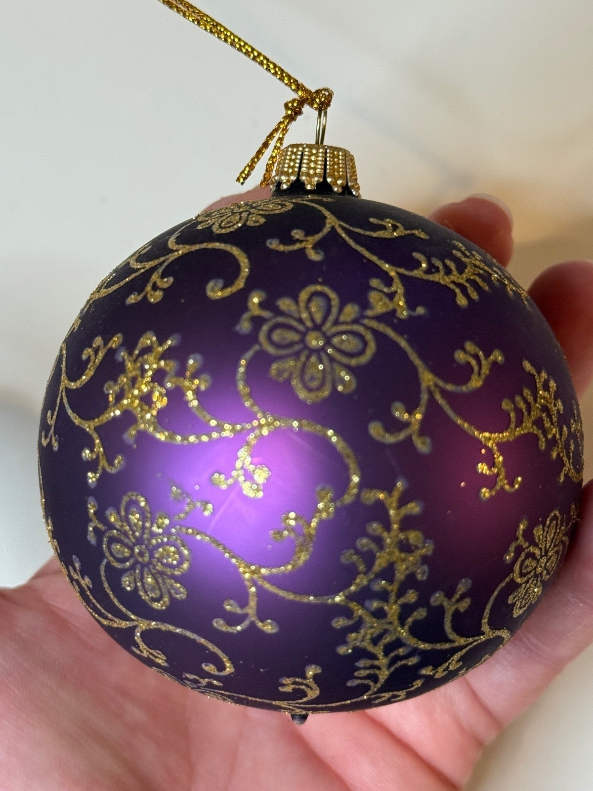 Vintage Krebs Germany Purple Glass Ornament Gold Floral Glitter 3” – alternate product view 3 of 6