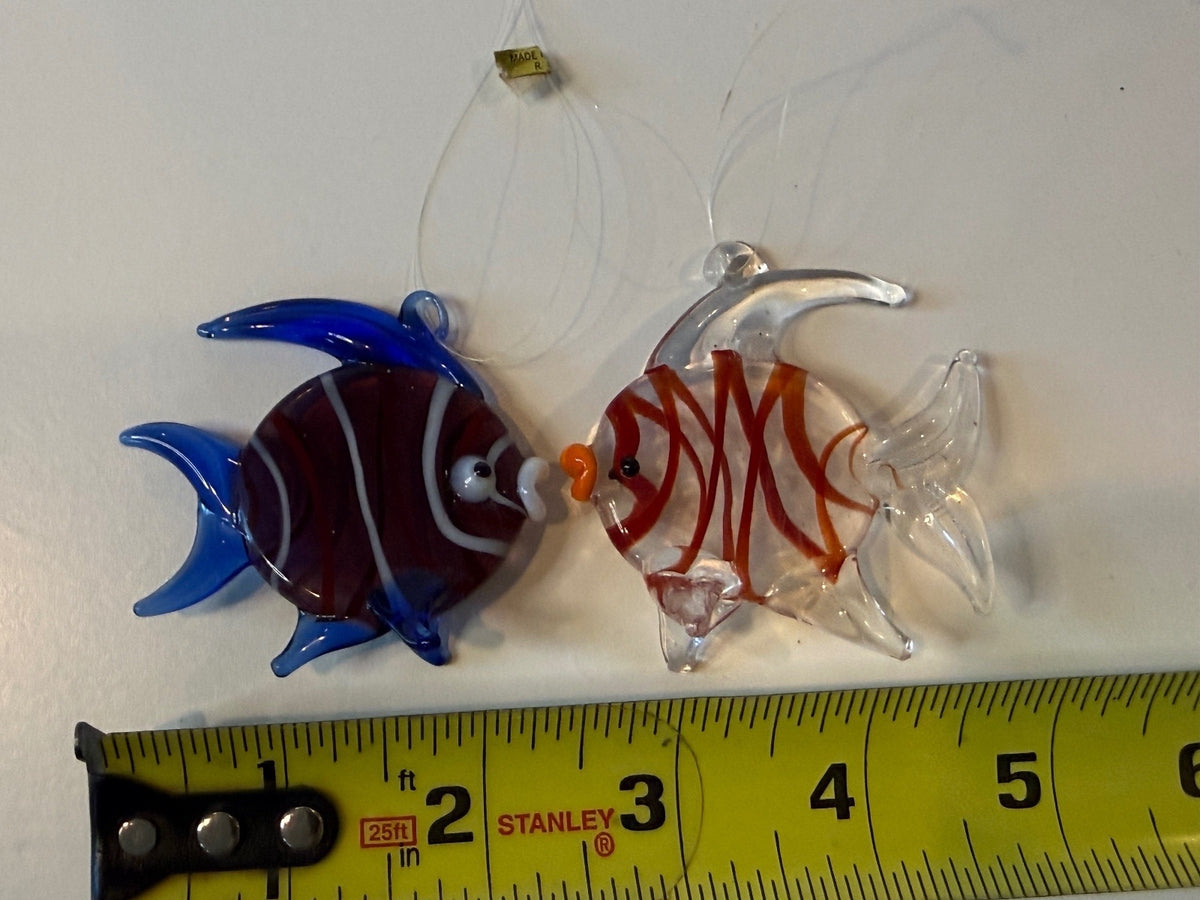 Vintage Taiwan ROC Hand Blown Glass Fish Ornaments Pair Tropical Fish