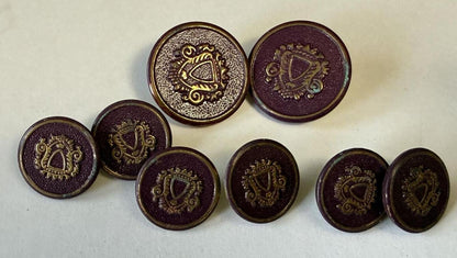 Vintage Lot of 8 Burgundy & Gold Heraldic Crest Shank Buttons Blazer Coat Sewing