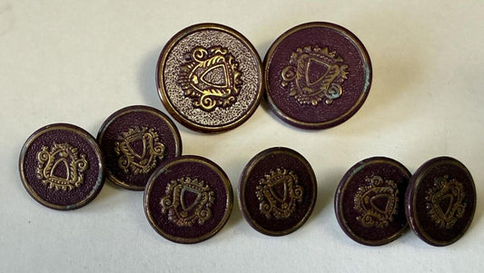Vintage Lot of 8 Burgundy & Gold Heraldic Crest Shank Buttons Blazer Coat Sewing