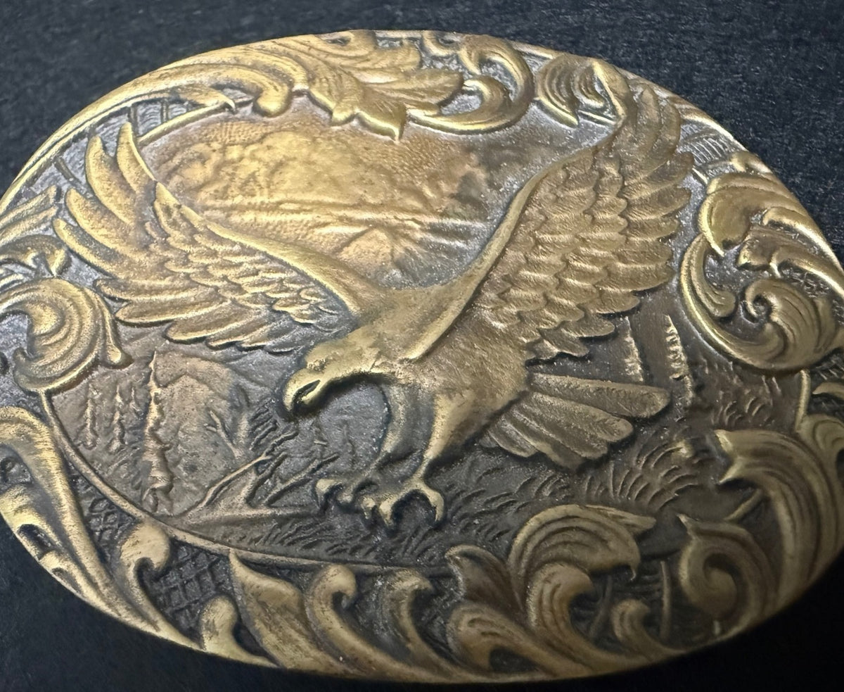 Vintage Bald Eagle Belt Buckle Ornate Scroll Western Brass Tone Americana – alternate product view 2 of 4