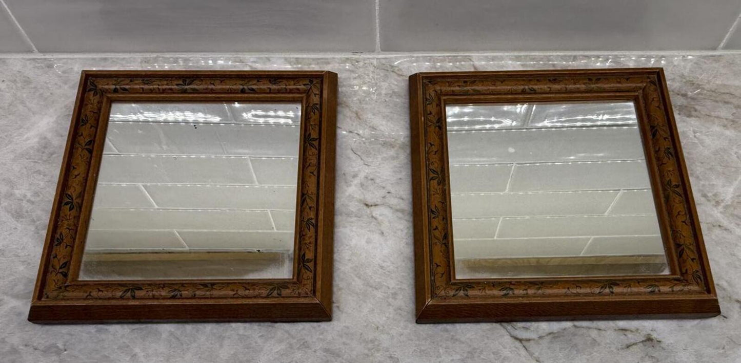 Pair Vintage Wood Framed Floral Vine Accent Wall Mirrors