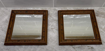 Pair Vintage Wood Framed Floral Vine Accent Wall Mirrors