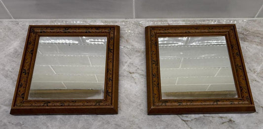 Pair Vintage Wood Framed Floral Vine Accent Wall Mirrors