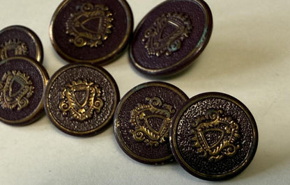 Vintage Lot of 8 Burgundy & Gold Heraldic Crest Shank Buttons Blazer Coat Sewing