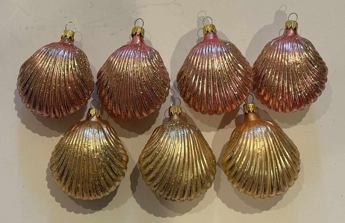 Vintage Colombia Glass Shell Christmas Ornaments Pink Gold Glitter Lot of 7