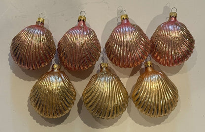 Vintage Colombia Glass Shell Christmas Ornaments Pink Gold Glitter Lot of 7