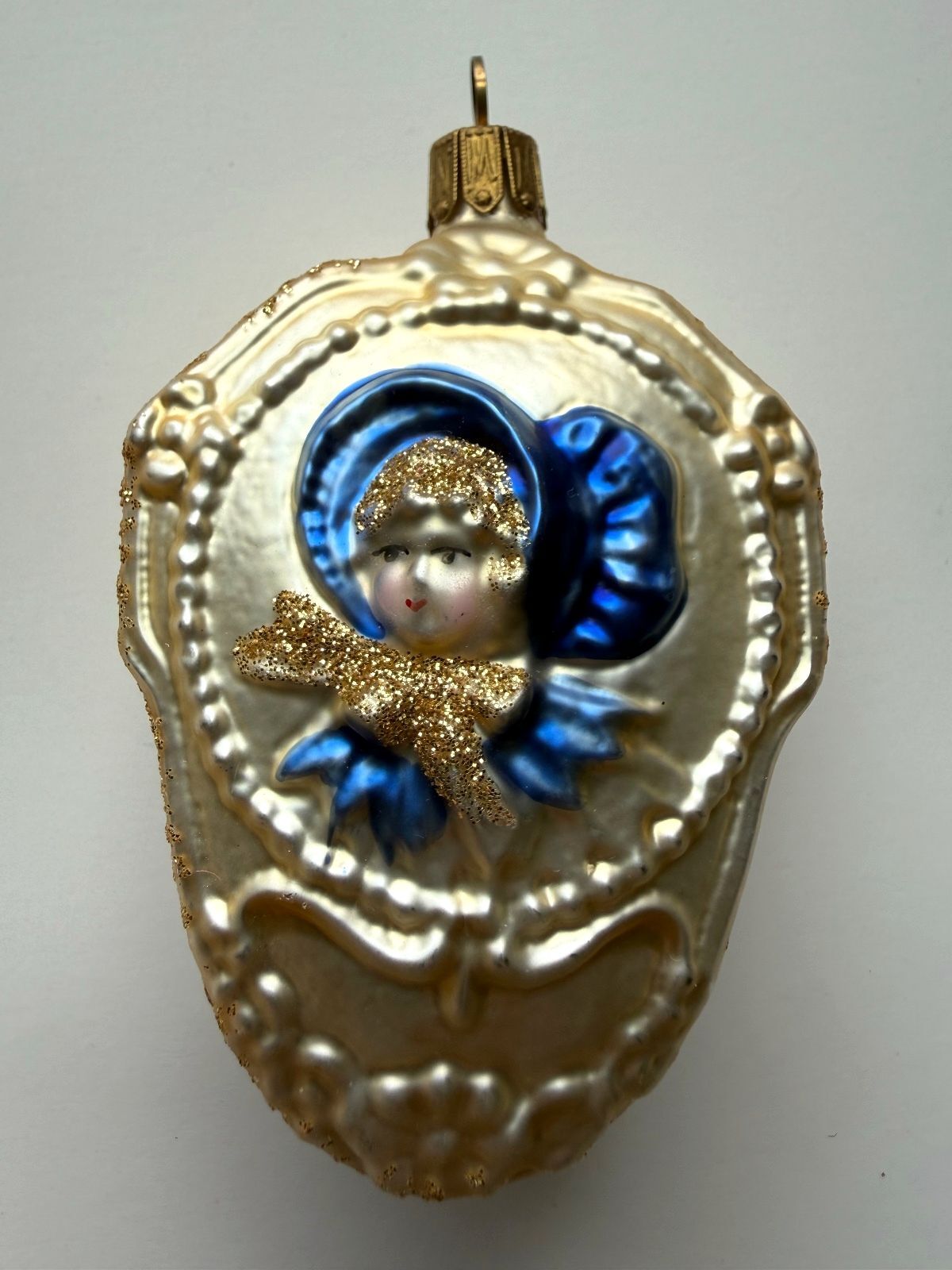Vintage Germany Blown Glass Girl in Bonnet Christmas Ornament Double Sided