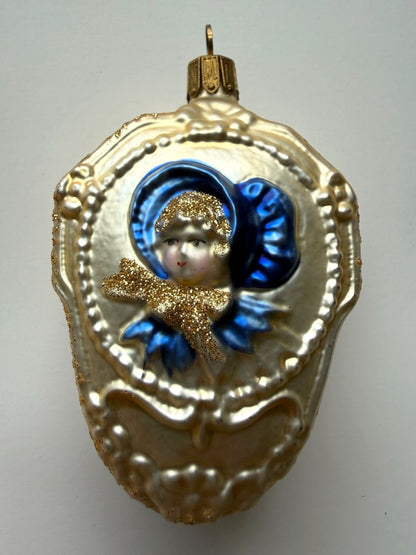 Vintage Germany Blown Glass Girl in Bonnet Christmas Ornament Double Sided
