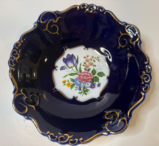 Vintage Porfin Cluj-Napoca Romania Cobalt Blue Floral Porcelain Bowl Gold Trim