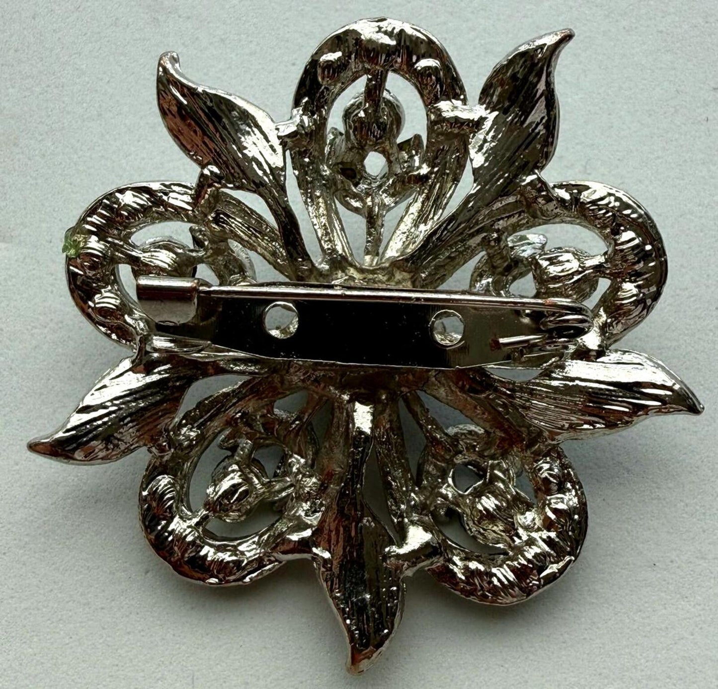 Vintage Green Rhinestone Brooch Lot 2 Floral Gold and Silver Tone