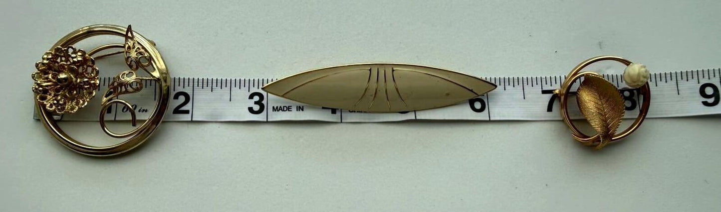 Vintage Brooch Lot 3 Gold Tone Floral Leaf Mid Century Modern