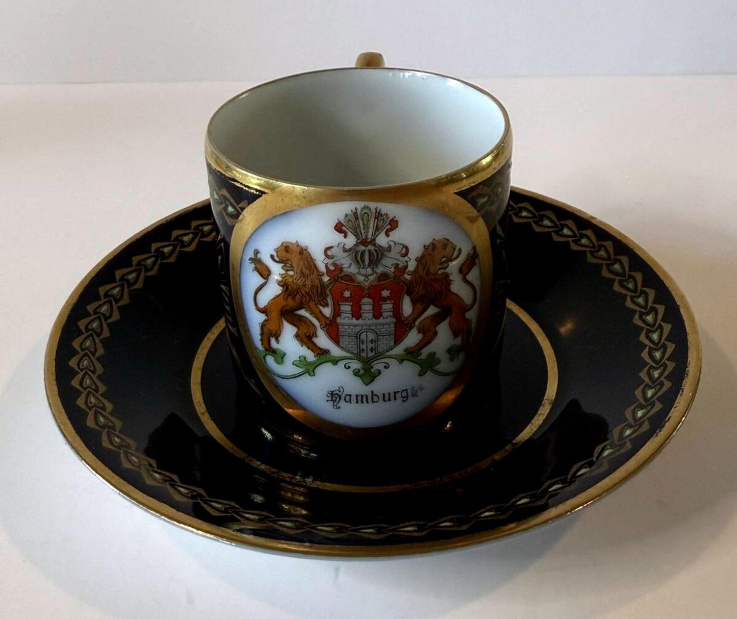 Antique Hamburg Germany Souvenir Cup & Saucer Cobalt Gold Gilt