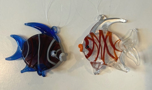 Vintage Taiwan ROC Hand Blown Glass Fish Ornaments Pair Tropical Fish